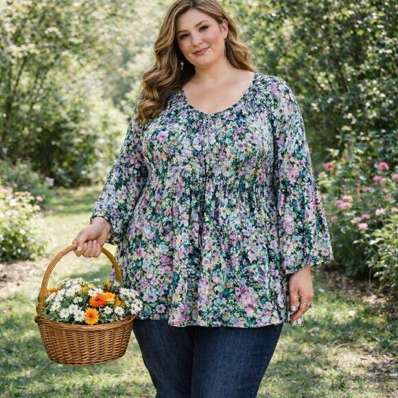 Floral & Ivy Tops - Floral & Ivy Top Size 3X Colorful Boho Peasant Cottagecore Long Sleeve Blouse